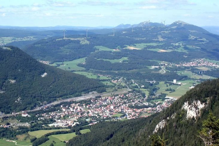 Picture taken from from the sky showing the Dent de Vaulion in Switzerland with the future Wind Power Plants