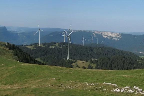 Landscape of Le Suchet in Switzerland with Wind Power Plants